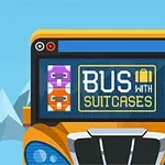 A colorful illustration of a bus featuring a sign that reads BUS WITH SUITCASES, set against a backdrop of mountains