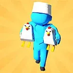 A blue character wearing a chefs hat carries two cartoonish chickens against a bright yellow radial background