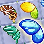 Colorful butterfly and leaf shapes are arranged on a grid, with a glowing effect highlighting a blue butterfly as it connects with a star shape