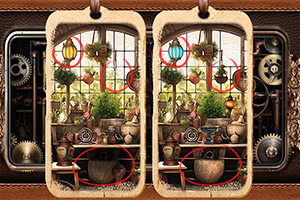 Two vintage framed greenhouse illustrations side by side with red circles highlighting differences, surrounded by mechanical gears and buttons