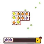 A colorful tile-matching game featuring fruit-themed tiles arranged in a grid on a white background, with a score tracker at the bottom