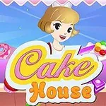 A cheerful cartoon character holding colorful sweets and surrounded by a vibrant background, with the playful text Cake House prominently displayed