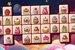 A colorful grid filled with various dessert icons, including cupcakes, ice cream cones, and cakes, set against a dreamy, cloud-filled background with stars