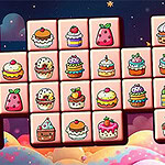 A colorful grid filled with various dessert icons, including cupcakes, ice cream cones, and cakes, set against a dreamy, cloud-filled background with stars