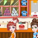 A cheerful animated scene in a dessert shop featuring a smiling waitress serving cake, surrounded by colorful pastries and two customers admiring the treats