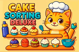 A cheerful cartoon cat wearing a chefs hat stands next to a colorful assortment of decorative cupcakes on a wooden shelf, with a blue mixing bowl and a bottle on the side