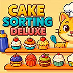 A cheerful cartoon cat wearing a chefs hat stands next to a colorful assortment of decorative cupcakes on a wooden shelf, with a blue mixing bowl and a bottle on the side