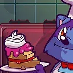 A cheerful cartoon cat wearing a chefs hat and bow tie holds a plate with a slice of cake topped with whipped cream and strawberries, set against a colorful kitchen backdrop