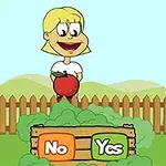 A cartoon girl with blonde hair holds a red apple, standing over a wooden crate labeled “Yes” and “No,” in a colorful garden setting with a picket fence