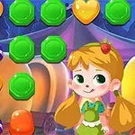 A colorful candy-themed game board featuring various candy shapes, including hearts, donuts, and gems, alongside a cheerful animated girl with pigtails and a green dress