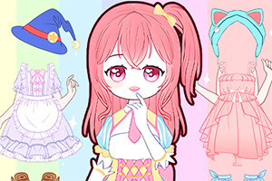 A cute anime-style character with long pink hair and big eyes is posed in the center, surrounded by various colorful outfits and accessories, including a magical hat and dresses, set against a soft pastel background
