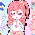 A cute anime-style character with long pink hair and big eyes is posed in the center, surrounded by various colorful outfits and accessories, including a magical hat and dresses, set against a soft pastel background