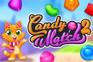 A colorful game logo featuring a cheerful orange cat mascot and various candy shapes, representing the game Candy Match 2