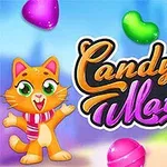 A colorful game logo featuring a cheerful orange cat mascot and various candy shapes, representing the game Candy Match 2