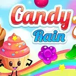 The image features a colorful and playful design with cartoon characters of a cupcake and an ice cream cone, surrounded by various candies and a bright rainbow, showcasing the title Candy Rain 7 in bold, cheerful lettering