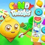 The image showcases the colorful logo and character of the game Candy Riddles, featuring a cheerful ice cream cone mascot alongside a vibrant grid of various candy-themed game pieces, including donuts, ice cream, and jelly shapes