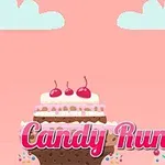 A colorful, whimsical game graphic featuring a character beside a large cake topped with cherries, with the title Candy Runner prominently displayed in pink text against a pastel sky background