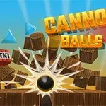 A vibrant game graphic featuring the title Cannon Balls 3D, with a large black cannonball, wooden blocks, and TNT, all set against a bright blue background with rays of light