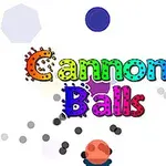 The image features colorful, cartoon-style text reading Cannon Balls, surrounded by various geometric shapes like circles and hexagons on a white background, suggesting a playful and vibrant game theme