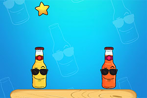 Two cartoonish beverage bottles with sunglasses, one yellow and one orange, sit on a wooden surface against a bright blue background, accompanied by a yellow star above them