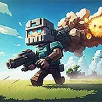 A pixelated character in armor wielding a gun runs through a grassy landscape, with an explosion occurring in the background under a bright blue sky, capturing a dynamic video game action scene