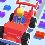 A bright red LEGO car driven by a yellow-headed figure moves along a track scattered with colorful LEGO bricks in a vibrant cartoon-style scene