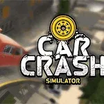 The image features a chaotic scene from a car crash simulator video game, showcasing multiple vehicles, including an orange car, involved in dramatic crashes on a winding road, with the games title prominently displayed