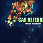 The image features a colorful game graphic titled Car Defender, showcasing a futuristic vehicle and explosions, emphasizing a merge and idle tycoon gameplay theme with vibrant design elements