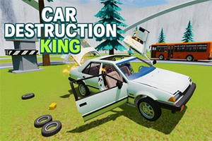 White damaged sedan with open doors on a grassy test area, surrounded by scattered tires, ramps, trees, and an orange bus