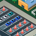 An aerial view of a parking lot with several parked cars surrounded by traffic cones