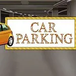 A bright yellow car is parked in a parking garage, accompanied by a large sign that says CAR PARKING in bold letters