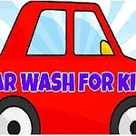 A bright red cartoon car with a cheerful, stylized design showcasing the text Car Wash for Kids in bold blue letters against a light background