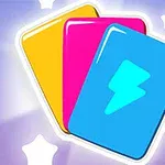 A close-up of three colorful game cards, featuring a yellow, pink, and blue card, with a lightning bolt symbol on the blue card, set against a soft, glowing background