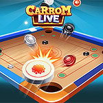 A colorful carrom board featuring black and white discs, a red striker, and glowing visual effects to indicate movement