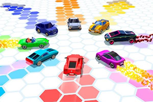 A vibrant scene featuring multiple colorful cars in a hexagonal grid, with several vehicles leaving trails of flames as they maneuver around the layout