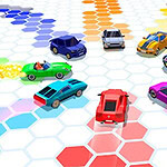 A vibrant scene featuring multiple colorful cars in a hexagonal grid, with several vehicles leaving trails of flames as they maneuver around the layout