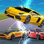 Three sports cars—one yellow, one black, and one red—are depicted on a vibrant, stylized road scene, with the yellow car prominently soaring above the others amid a backdrop of blue skies and green hills