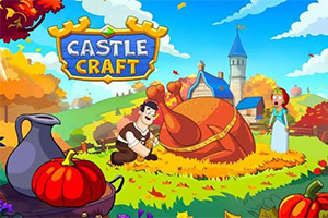 A colorful cartoon scene from the game Castle Craft, featuring a man working with hay and a woman in a princess outfit, with pumpkins and a castle in the background