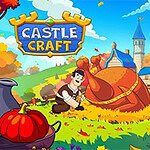 A colorful cartoon scene from the game Castle Craft, featuring a man working with hay and a woman in a princess outfit, with pumpkins and a castle in the background