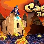 The image features a vibrant, cartoon-style depiction of a wizard on a stone castle tower, surrounded by colorful explosions and an animated background, emphasizing the theme of castle defense gameplay