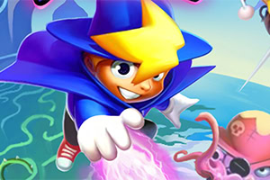 A young boy with a yellow star-shaped hat and a blue cloak is reaching forward, casting a glowing spell, while surrounded by colorful, whimsical creatures in a vibrant fantasy landscape