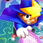 A young boy with a yellow star-shaped hat and a blue cloak is reaching forward, casting a glowing spell, while surrounded by colorful, whimsical creatures in a vibrant fantasy landscape
