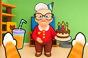 Cartoon elderly woman in a party hat standing between a birthday cake, a drink, and two orange paws
