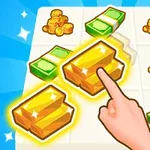 A hand is touching a glowing stack of gold bars on a game board featuring green bundles of cash and gold coins, all set against a bright blue background with sparkling effects