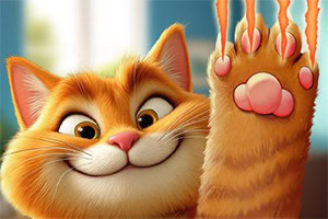 Close-up of a smiling orange tabby kitten raising a paw with pink paw pads against a softly blurred indoor background