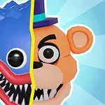 A split character image featuring a playful blue creature with sharp teeth on one side and a friendly brown bear with a top hat on the other, set against a bright, colorful background