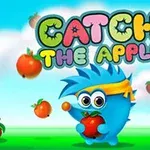 A vibrant cartoon image featuring a blue, spiky character wearing a yellow headband, enthusiastically catching falling red apples, with the words CATCH THE APPLE prominently displayed above against a bright blue sky and green grass backdrop