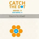 The image shows a mobile game interface titled Catch the Dot, featuring a central play button surrounded by orange dots and a user prompt to start the game, with stats for moves displayed at the top