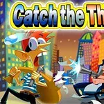 An animated scene featuring a thief in a striped shirt running away with stolen goods while a frustrated cartoon police officer chases him from a police car in a colorful city setting; the title Catch the Thief prominently displayed at the top