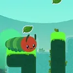 A colorful cartoon-style caterpillar character with a red body and green segments navigates through a vibrant, leafy landscape featuring green pillars against a soft blue background